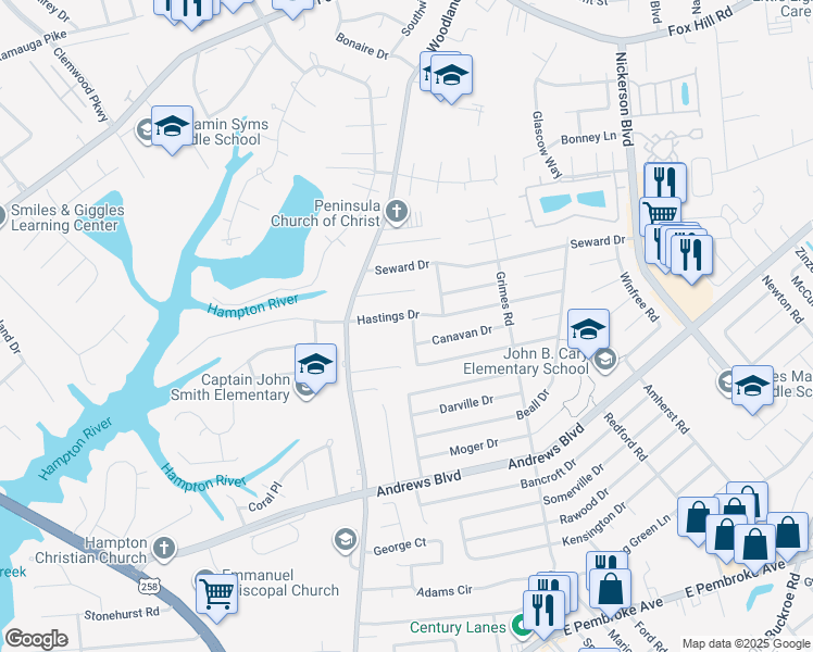 map of restaurants, bars, coffee shops, grocery stores, and more near 1709 Rozzelle Road in Hampton