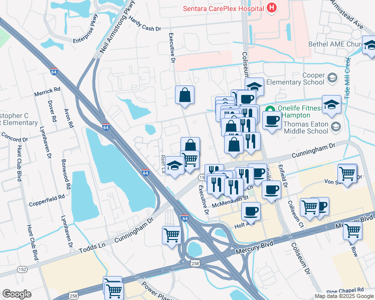 map of restaurants, bars, coffee shops, grocery stores, and more near 2101 Executive Drive in Hampton