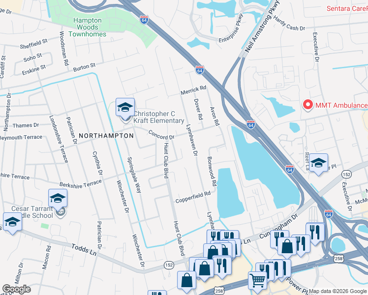 map of restaurants, bars, coffee shops, grocery stores, and more near 6 Beatrice Drive in Hampton