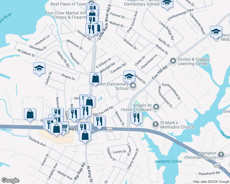map of restaurants, bars, coffee shops, grocery stores, and more near 11 Plantation Drive in Hampton