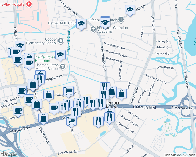 map of restaurants, bars, coffee shops, grocery stores, and more near 2013 North Armistead Avenue in Hampton