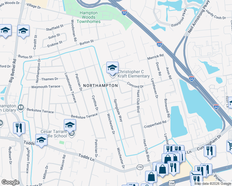 map of restaurants, bars, coffee shops, grocery stores, and more near 210 Springdale Way in Hampton