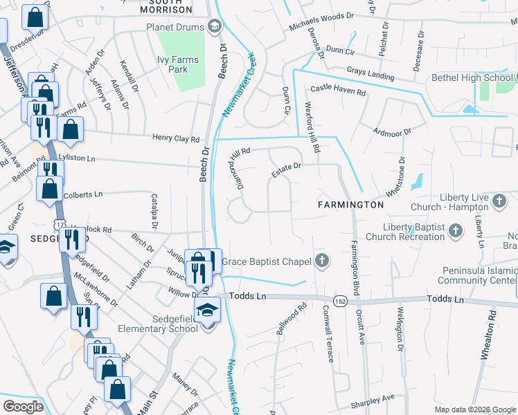 map of restaurants, bars, coffee shops, grocery stores, and more near 50 Estate Drive in Hampton