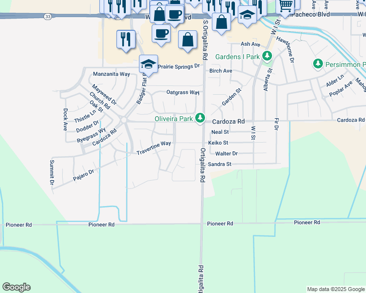 map of restaurants, bars, coffee shops, grocery stores, and more near 1813 Felsite Street in Los Banos