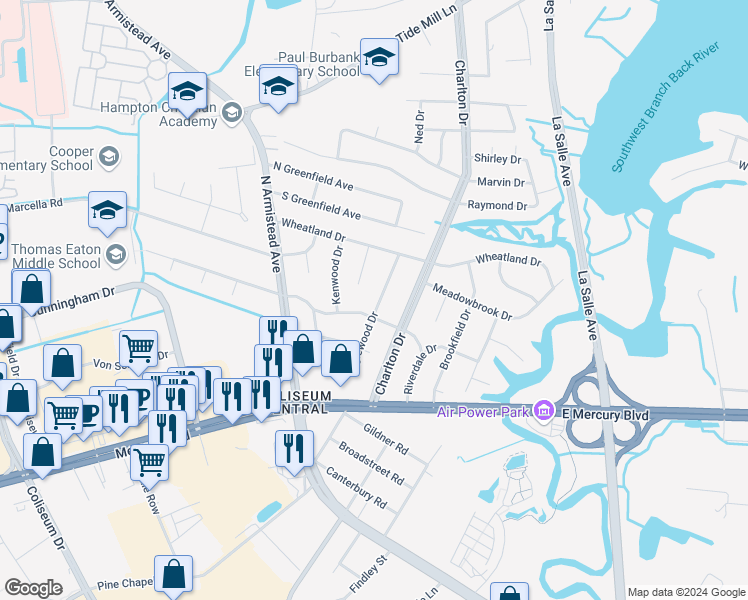 map of restaurants, bars, coffee shops, grocery stores, and more near 35 Inglewood Drive in Hampton