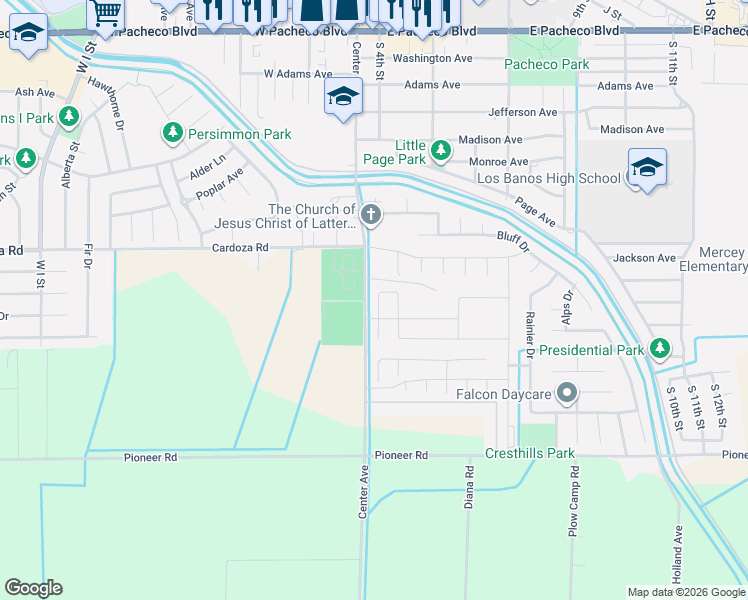 map of restaurants, bars, coffee shops, grocery stores, and more near 16574-16730 Center Avenue in Los Banos