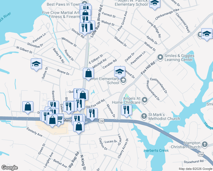 map of restaurants, bars, coffee shops, grocery stores, and more near 11 Plantation Drive in Hampton