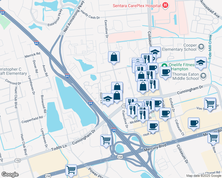 map of restaurants, bars, coffee shops, grocery stores, and more near 2101 Executive Drive in Hampton