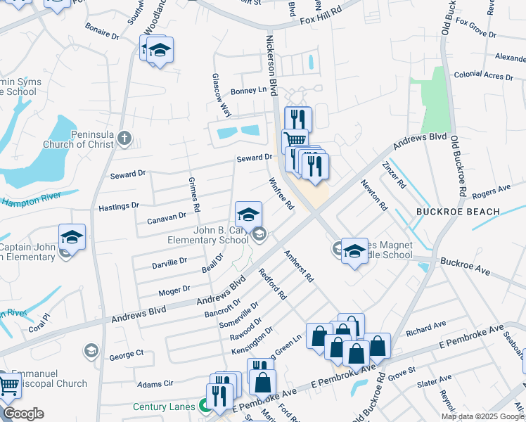 map of restaurants, bars, coffee shops, grocery stores, and more near 2002 Brown Circle in Hampton