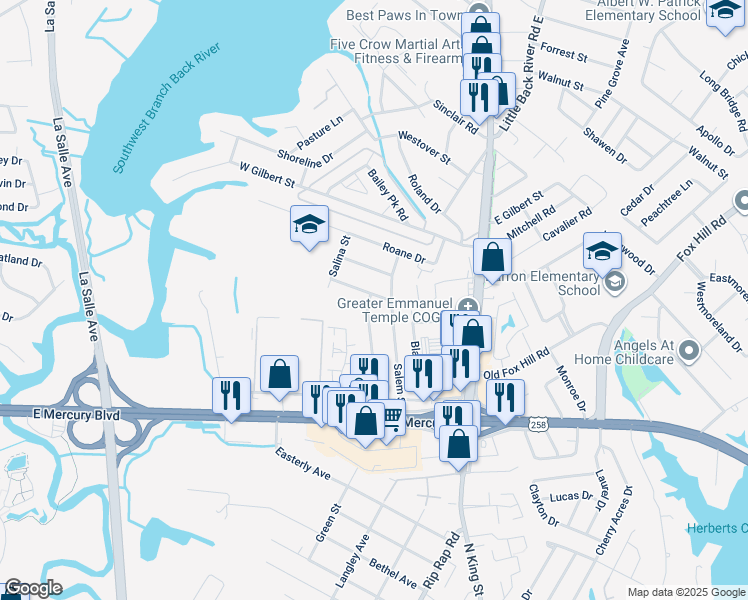 map of restaurants, bars, coffee shops, grocery stores, and more near 152 Ransone Street in Hampton