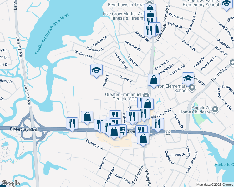 map of restaurants, bars, coffee shops, grocery stores, and more near 152 Ransone Street in Hampton