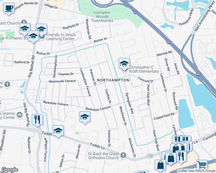 map of restaurants, bars, coffee shops, grocery stores, and more near 214 Cynthia Drive in Hampton