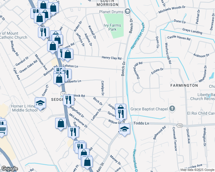 map of restaurants, bars, coffee shops, grocery stores, and more near 507 Latham Drive in Newport News