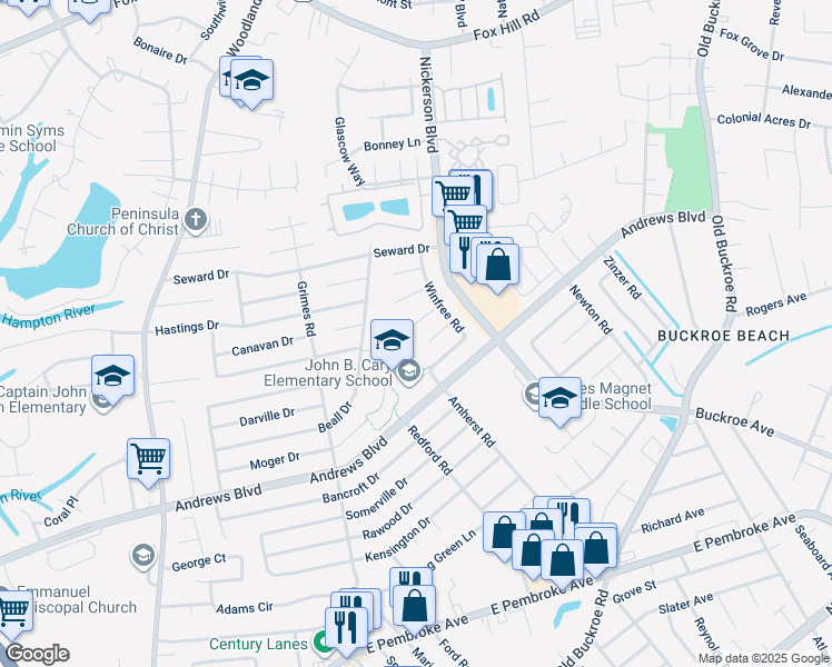 map of restaurants, bars, coffee shops, grocery stores, and more near 2002 Brown Circle in Hampton