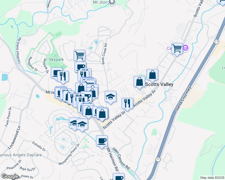 map of restaurants, bars, coffee shops, grocery stores, and more near 102 Christel Oaks Drive in Scotts Valley
