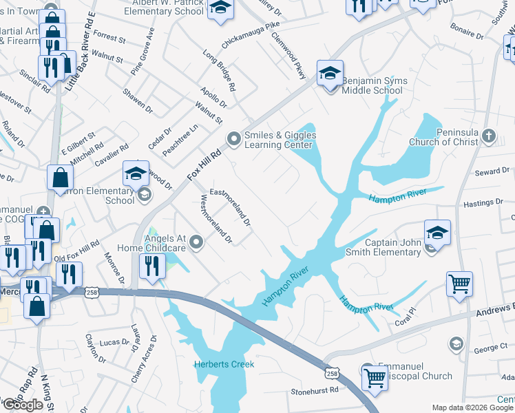 map of restaurants, bars, coffee shops, grocery stores, and more near 37 Eastmoreland Drive in Hampton
