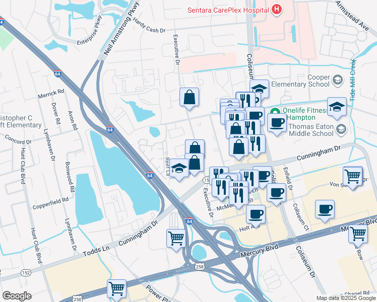 map of restaurants, bars, coffee shops, grocery stores, and more near 2101 Executive Drive in Hampton