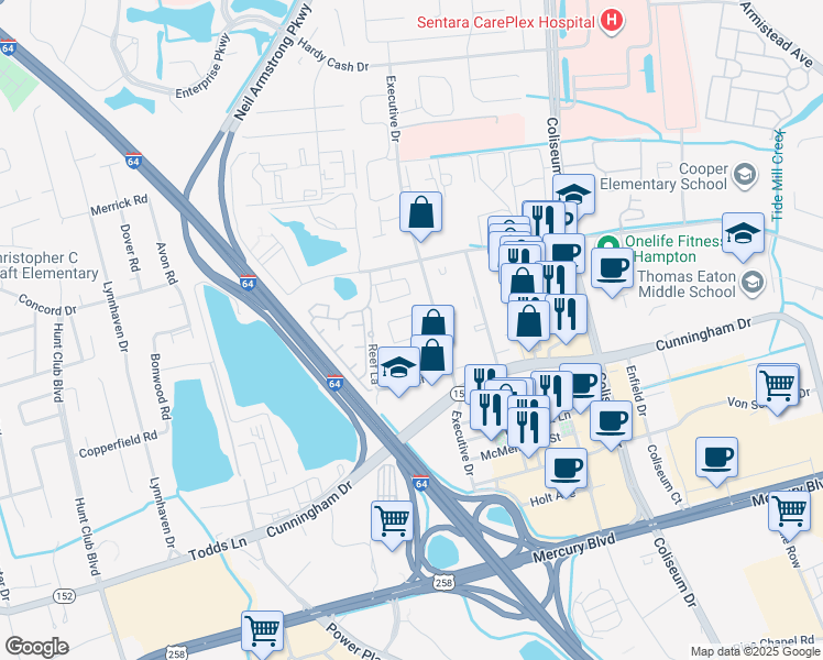 map of restaurants, bars, coffee shops, grocery stores, and more near 2101 Executive Drive in Hampton