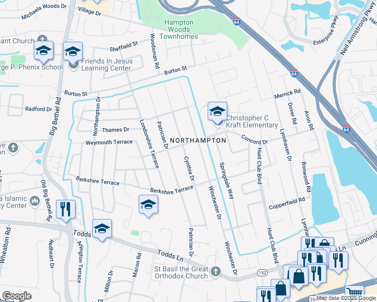 map of restaurants, bars, coffee shops, grocery stores, and more near 214 Cynthia Drive in Hampton