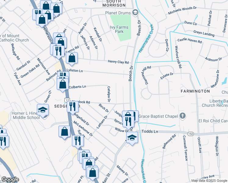 map of restaurants, bars, coffee shops, grocery stores, and more near 507 Latham Drive in Newport News