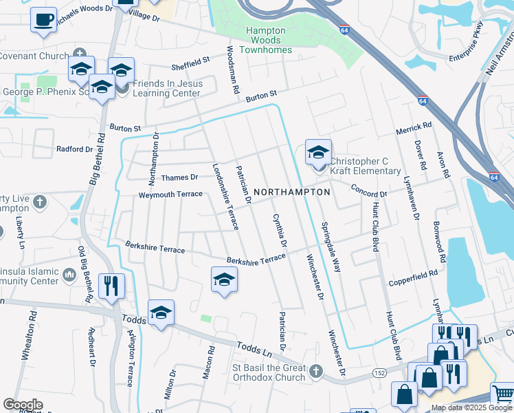 map of restaurants, bars, coffee shops, grocery stores, and more near 218 Patrician Drive in Hampton