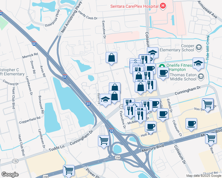map of restaurants, bars, coffee shops, grocery stores, and more near 2101 Executive Drive in Hampton