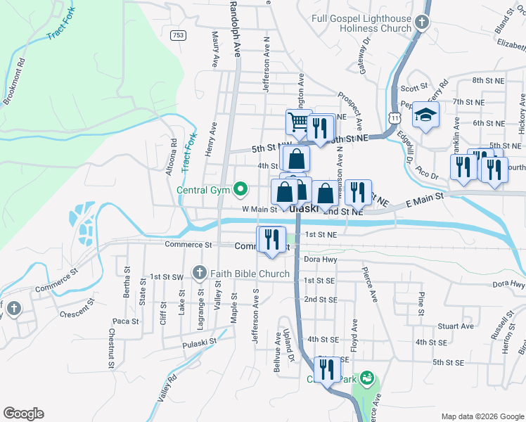 map of restaurants, bars, coffee shops, grocery stores, and more near 101-141 Jefferson Ave N in Pulaski