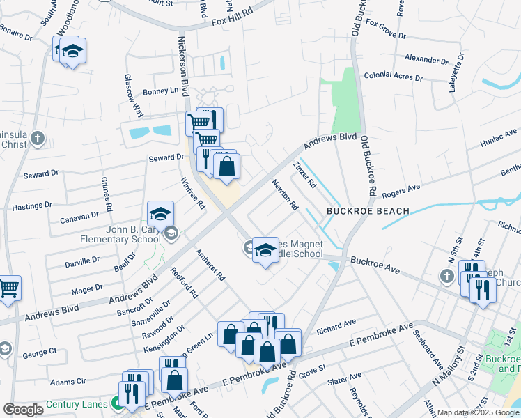 map of restaurants, bars, coffee shops, grocery stores, and more near 1922 Demetro Drive in Hampton