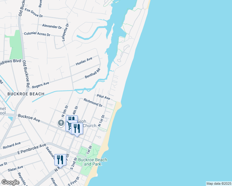 map of restaurants, bars, coffee shops, grocery stores, and more near 414 North 1st Street in Hampton