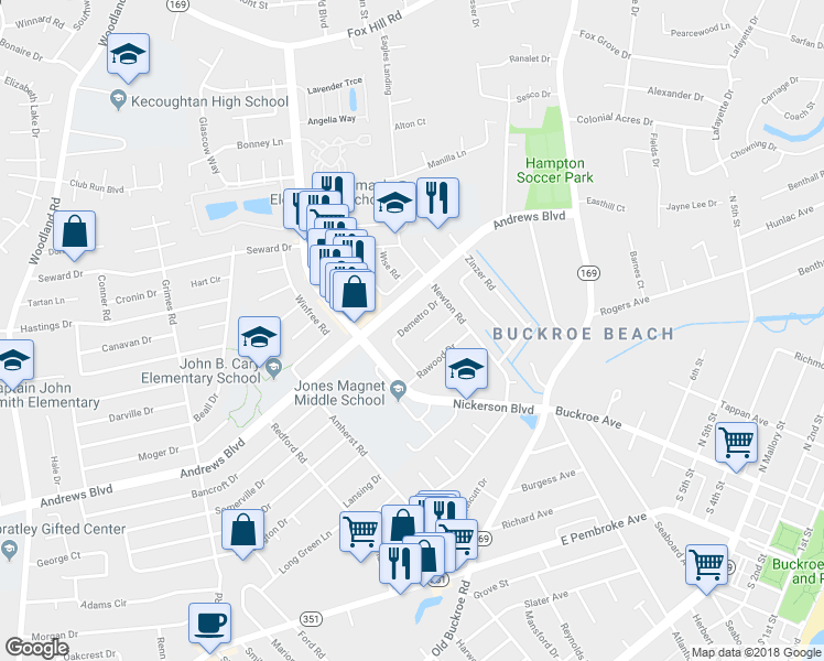 map of restaurants, bars, coffee shops, grocery stores, and more near 1922 Demetro Drive in Hampton