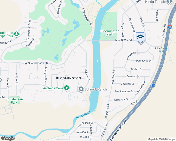 map of restaurants, bars, coffee shops, grocery stores, and more near 3557 Mulberry Drive in St. George