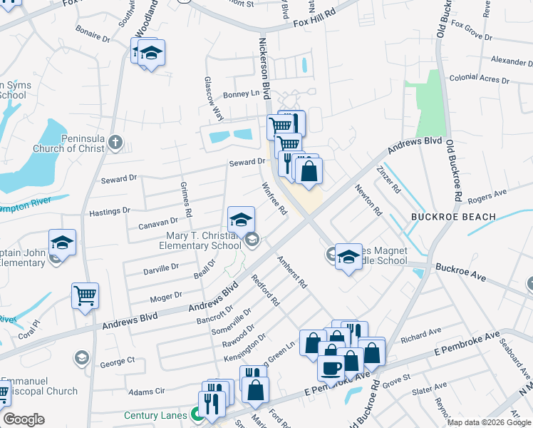 map of restaurants, bars, coffee shops, grocery stores, and more near 2012 Brown Circle in Hampton