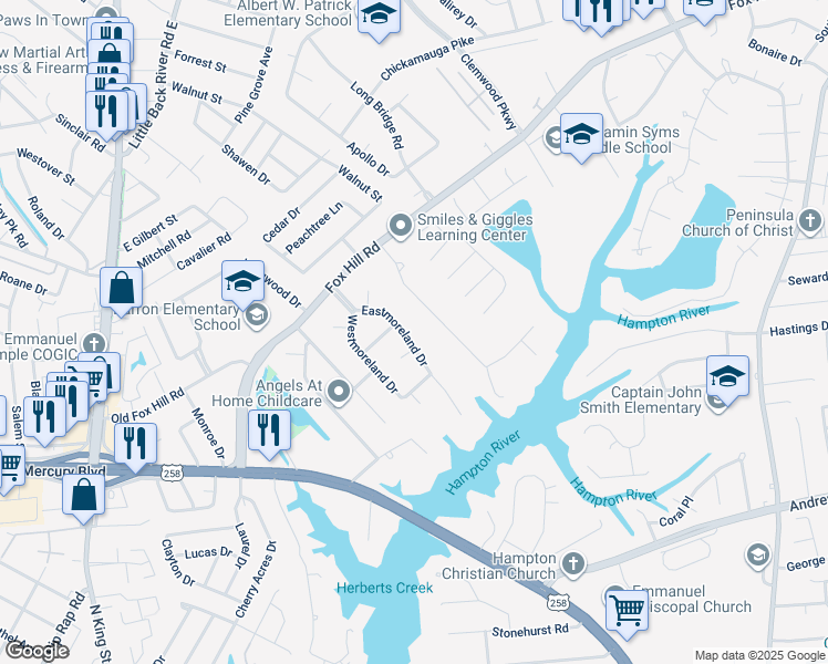 map of restaurants, bars, coffee shops, grocery stores, and more near 27 Eastmoreland Drive in Hampton