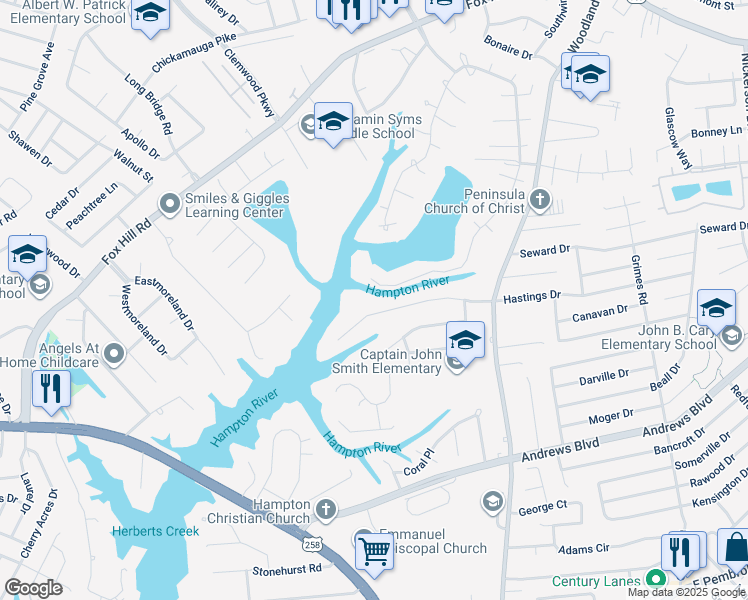 map of restaurants, bars, coffee shops, grocery stores, and more near 315 Woodside Drive in Hampton