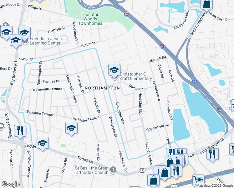 map of restaurants, bars, coffee shops, grocery stores, and more near 218 Springdale Way in Hampton