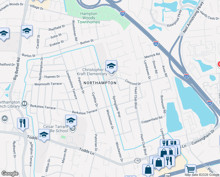 map of restaurants, bars, coffee shops, grocery stores, and more near 227 Springdale Way in Hampton