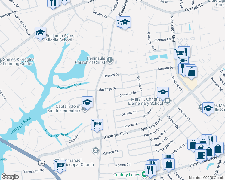 map of restaurants, bars, coffee shops, grocery stores, and more near 1416 Tartan Lane in Hampton