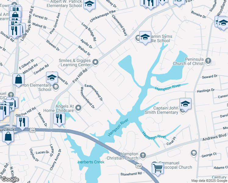 map of restaurants, bars, coffee shops, grocery stores, and more near 38 Lake Ferguson Court in Hampton