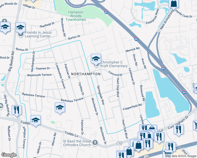map of restaurants, bars, coffee shops, grocery stores, and more near 218 Springdale Way in Hampton