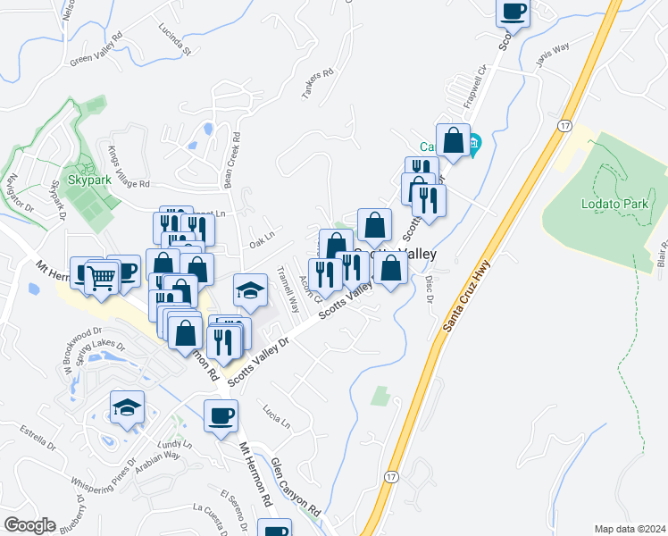 map of restaurants, bars, coffee shops, grocery stores, and more near 71 Terrace View Drive in Scotts Valley