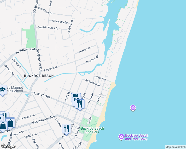 map of restaurants, bars, coffee shops, grocery stores, and more near 2232 North Mallory Street in Hampton