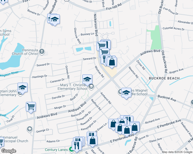 map of restaurants, bars, coffee shops, grocery stores, and more near 2012 Brown Circle in Hampton