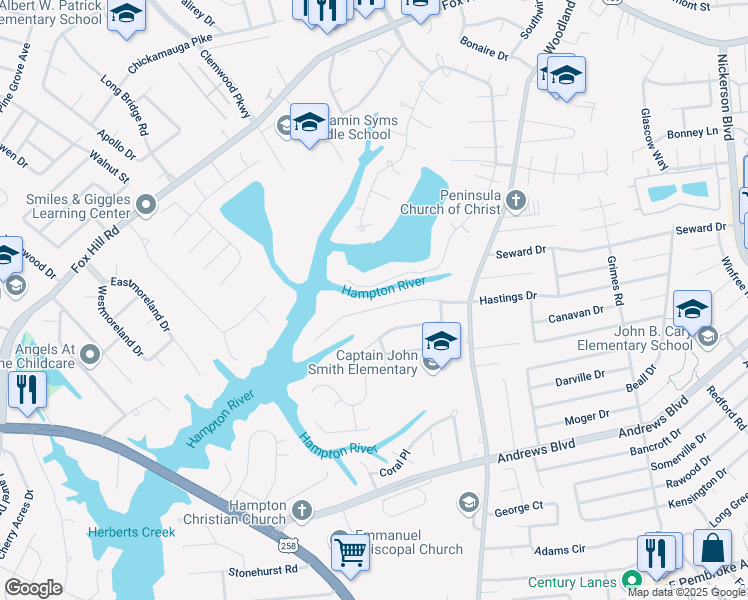 map of restaurants, bars, coffee shops, grocery stores, and more near 415 Elizabeth Lake Drive in Hampton