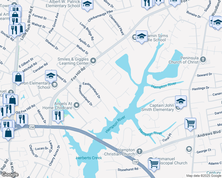 map of restaurants, bars, coffee shops, grocery stores, and more near 38 Lake Ferguson Court in Hampton