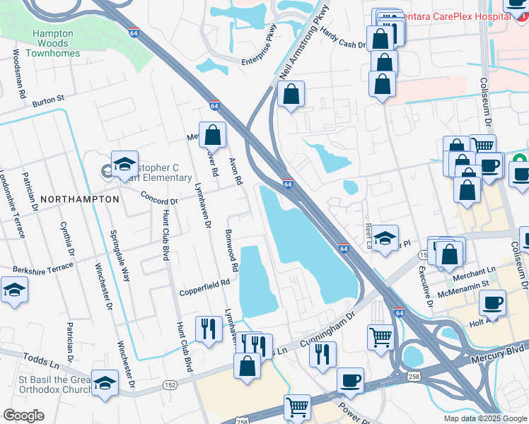 map of restaurants, bars, coffee shops, grocery stores, and more near 27 Reflection Lane in Hampton