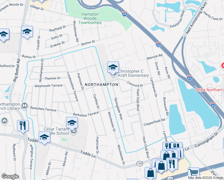map of restaurants, bars, coffee shops, grocery stores, and more near 227 Springdale Way in Hampton