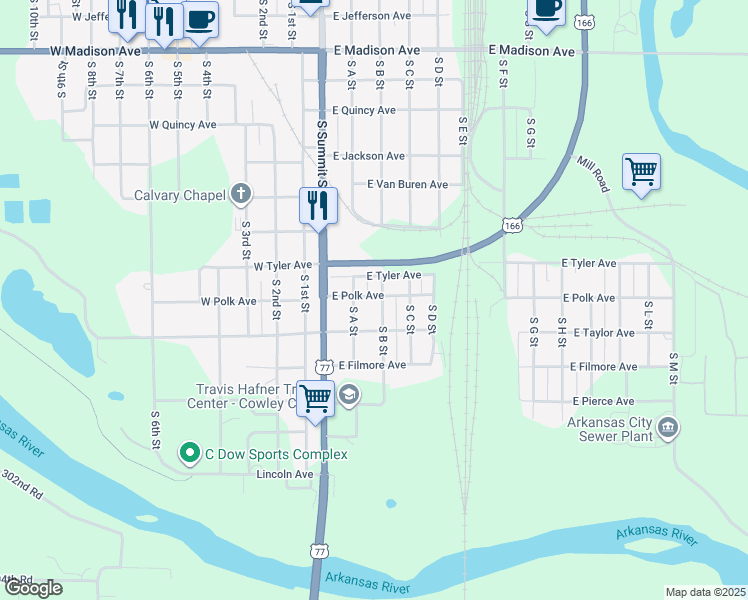 map of restaurants, bars, coffee shops, grocery stores, and more near 1201-1205 South B Street in Arkansas City