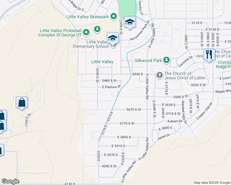 map of restaurants, bars, coffee shops, grocery stores, and more near 2381 East 3580 South in St. George