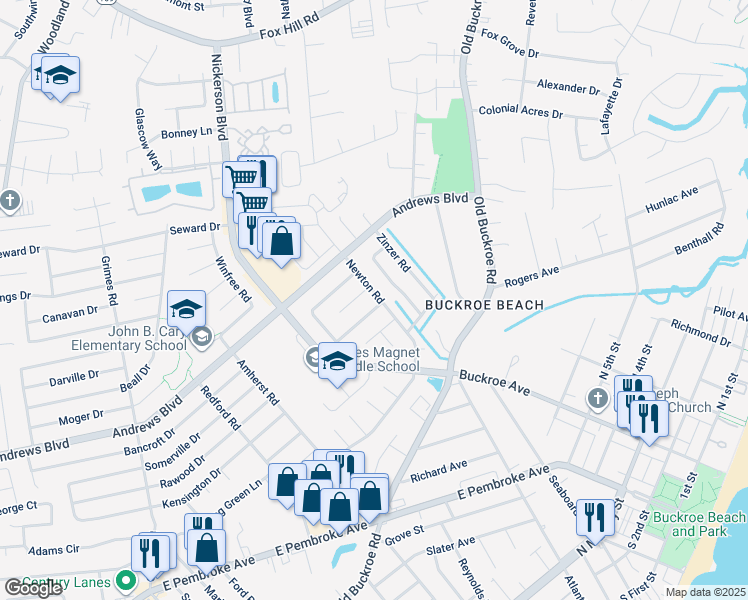 map of restaurants, bars, coffee shops, grocery stores, and more near 2219 Rawood Drive in Hampton