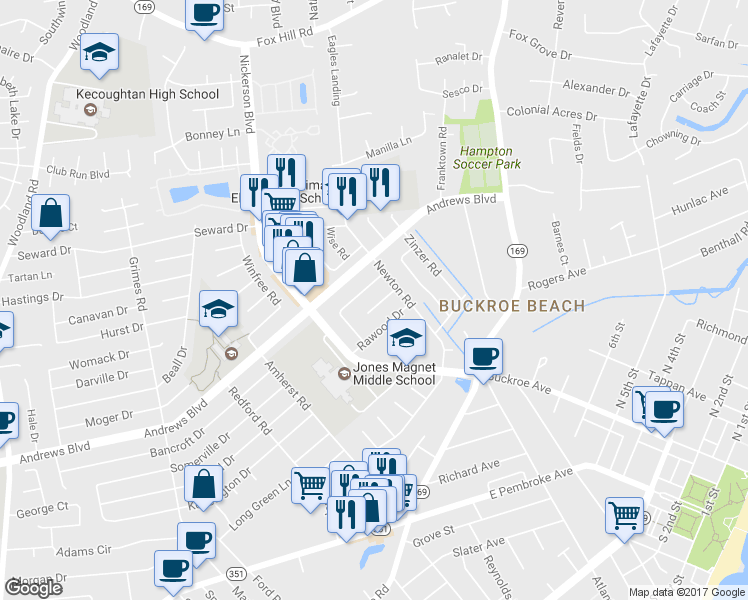 map of restaurants, bars, coffee shops, grocery stores, and more near 2209 McSweeney Circle in Hampton